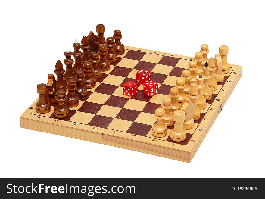 The chess and dice isolated on a white background