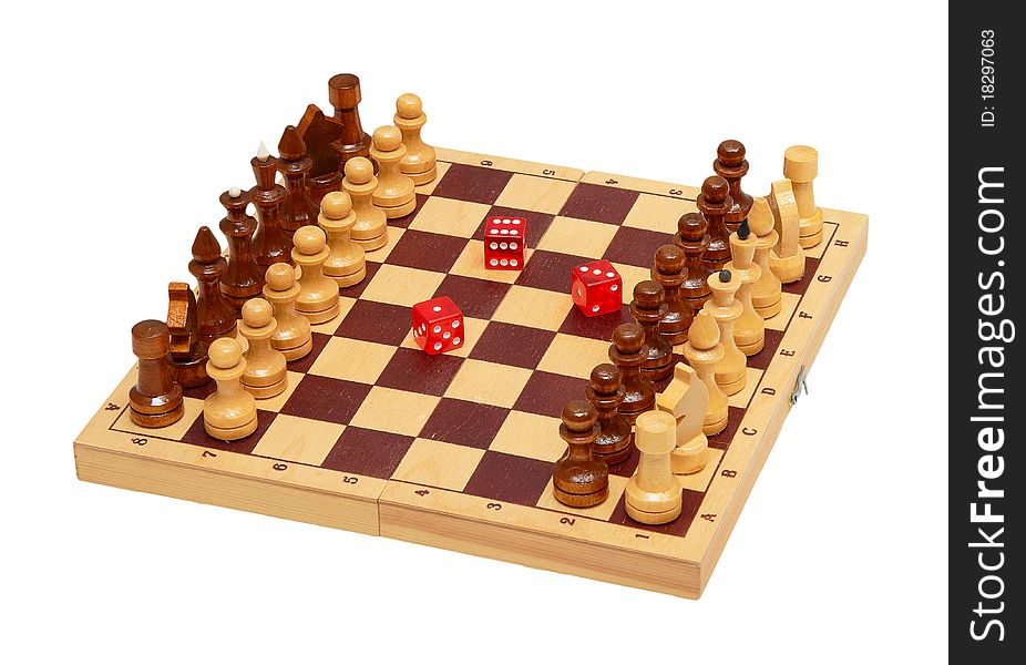 The chess and dice isolated on a white background