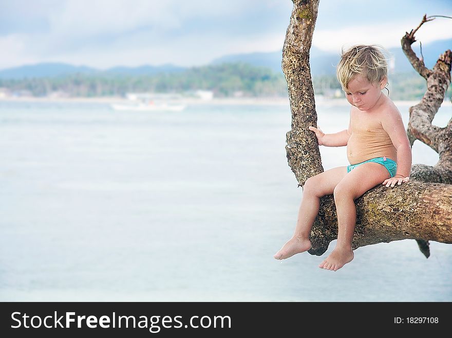 Cute child sitting on tree on sea background. Cute child sitting on tree on sea background
