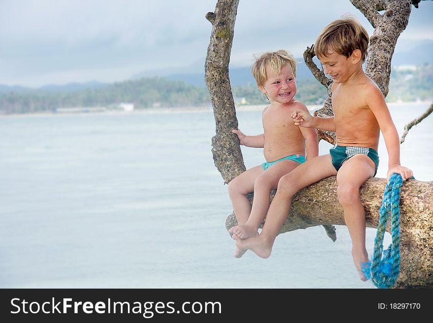 Two children having fun on tree. Two children having fun on tree