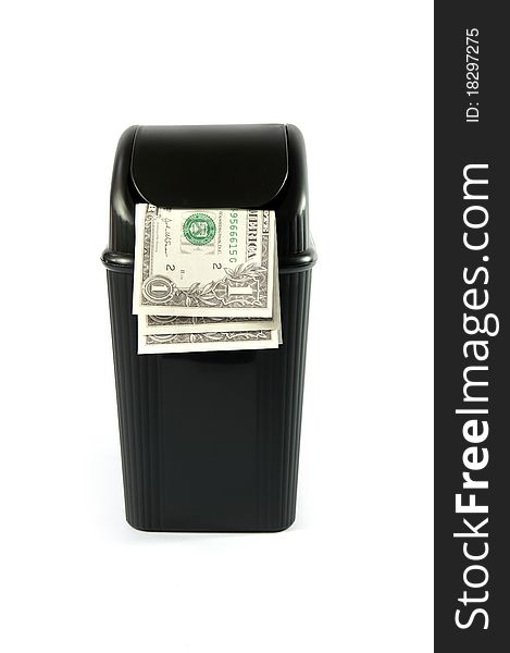 Full dollar paper money trash bin. Full dollar paper money trash bin