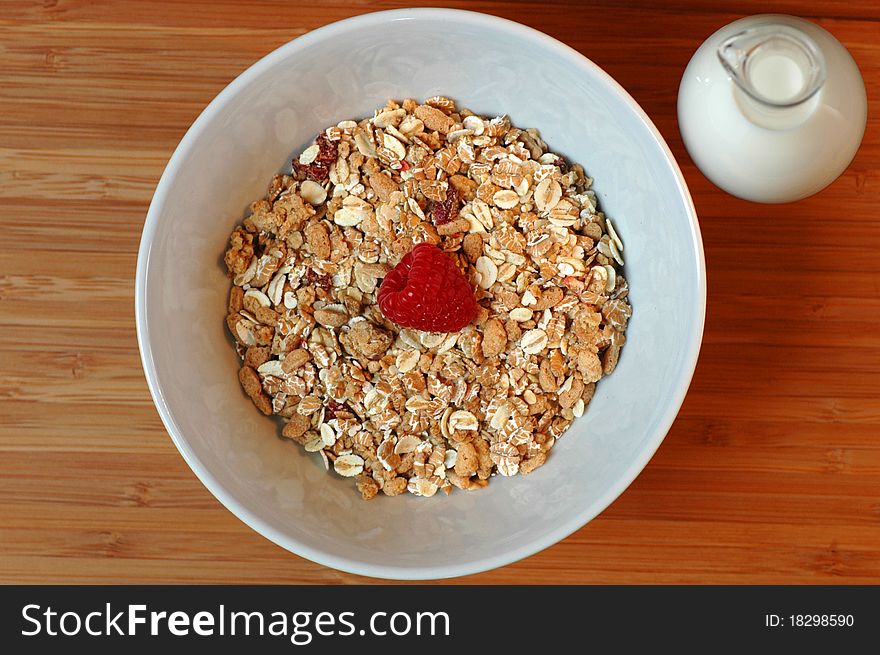 Muesli with rapsberry and milk. Muesli with rapsberry and milk