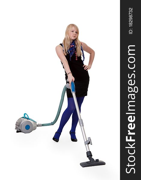 The girl in blue tights with a vacuum cleaner. The girl in blue tights with a vacuum cleaner