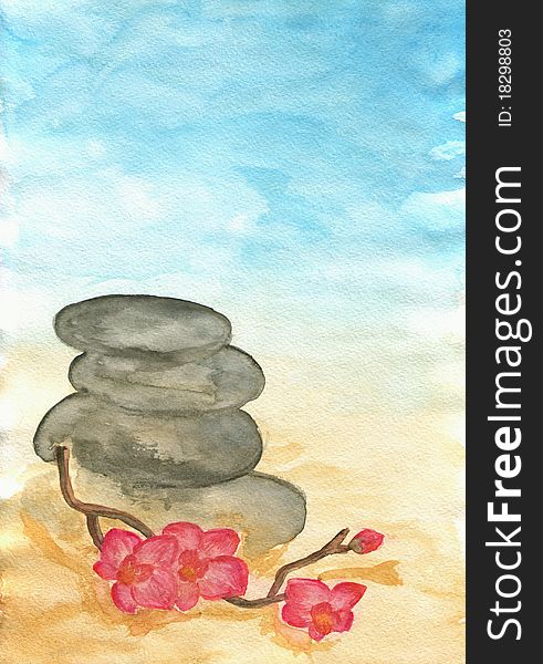 Hand drawn watercolor still-life with stones and orchid. Hand drawn watercolor still-life with stones and orchid