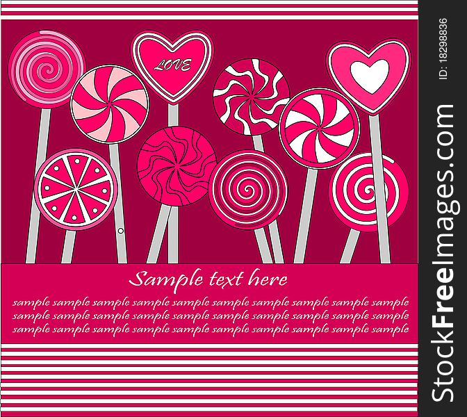 Abstract background with pink, swirly and heart shaped lollipops. Abstract background with pink, swirly and heart shaped lollipops