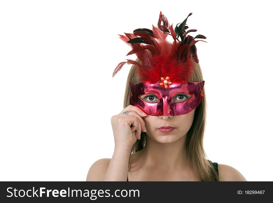 Portrait girl in the red masquerade mask on a white background