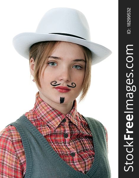 Girl with painted mustaches and bowler hats on white background