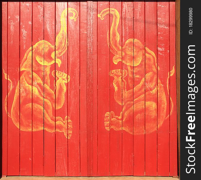 Golden elephant paint wooden door in chaingrai, North of Thailand