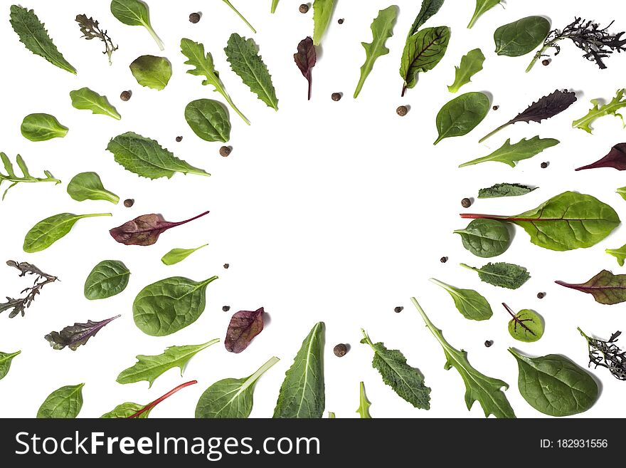 Leaves Of Different Types Of Lettuce On A White Background With A Copy Of The Space