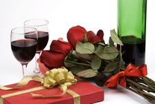 Roses With Present And Wine Royalty Free Stock Photos Roses With Present And Wine Royalty Free Stock Photos