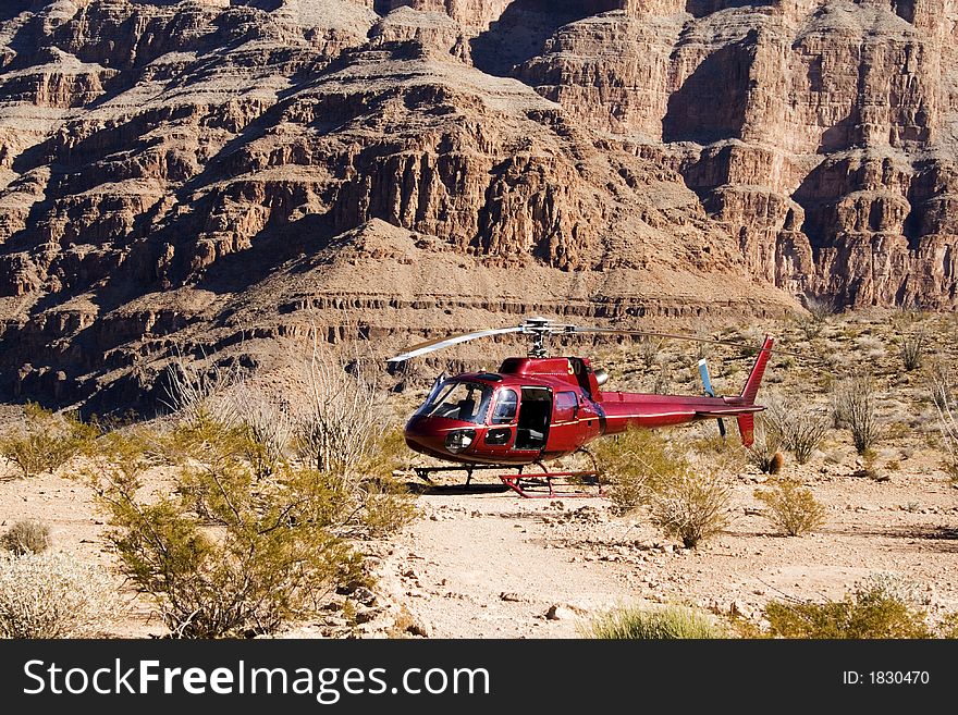 Helicopter landing in desert at Grand Canyon. Helicopter landing in desert at Grand Canyon