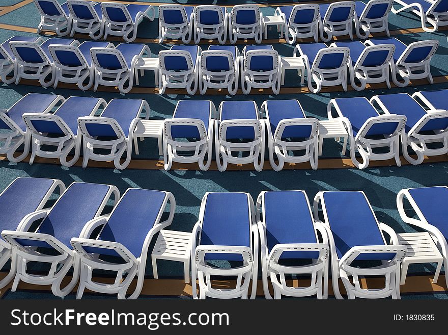 Empty sun loungers on the top deck of a cruise ship Puerto Rico Greater Antilles Caribbean lesser antillies west indies