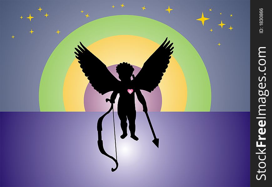 Abstract colored illustration with black cupid shape and stars in the night. Abstract colored illustration with black cupid shape and stars in the night