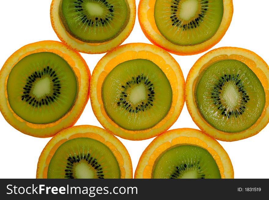 Orange and kiwi  slices on white background. Orange and kiwi  slices on white background.