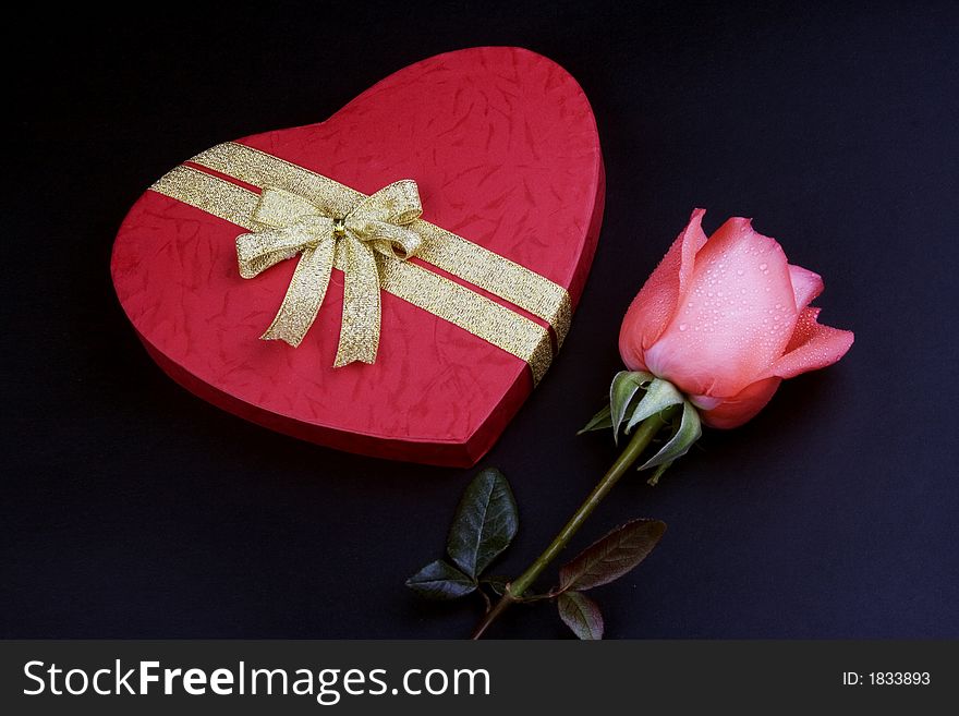 Pink rose with red love shape gift box. Pink rose with red love shape gift box.