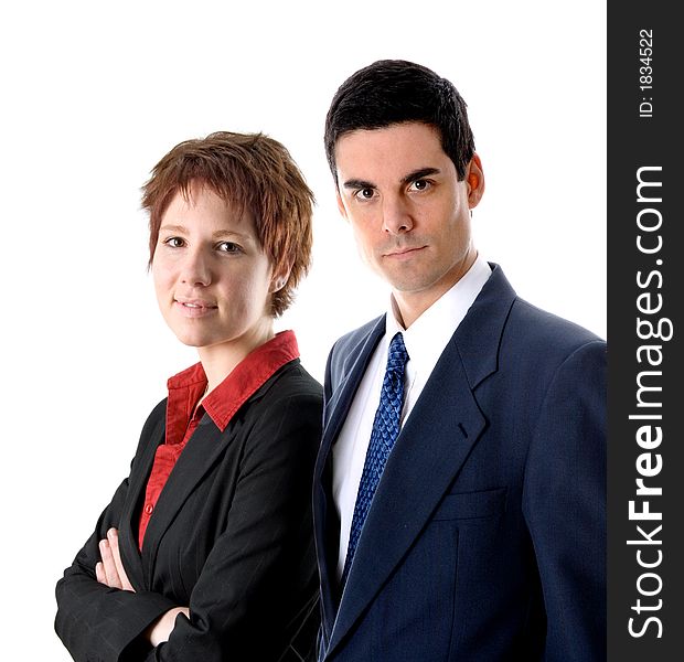 Man in blue suit on isolated white with a businesswoman. Man in blue suit on isolated white with a businesswoman