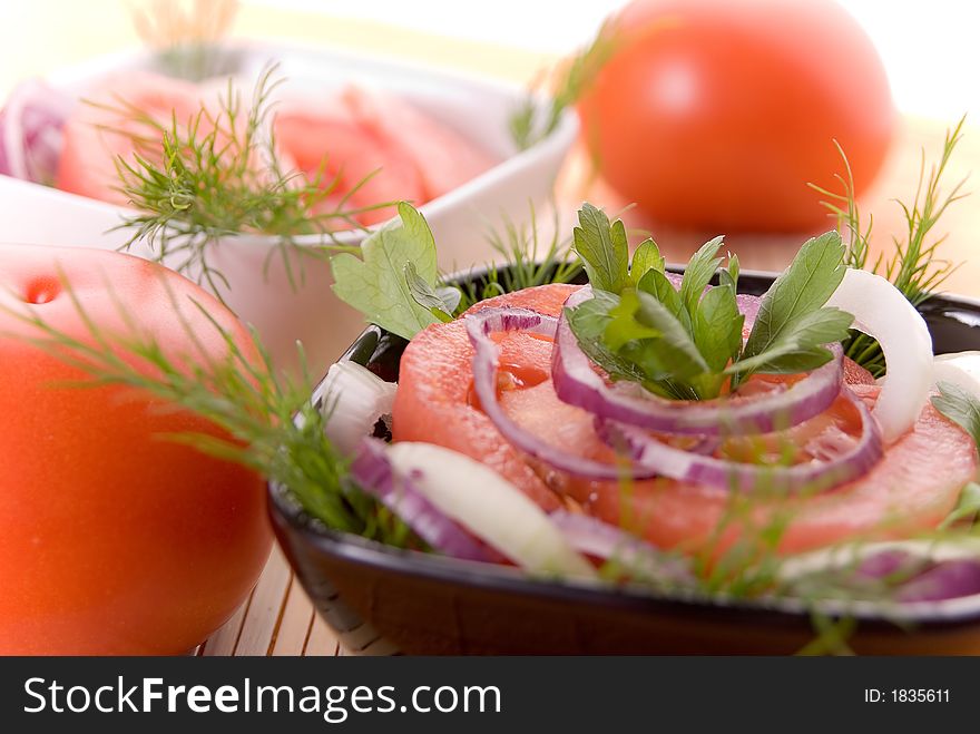 Tomato salad background texture. Close-up