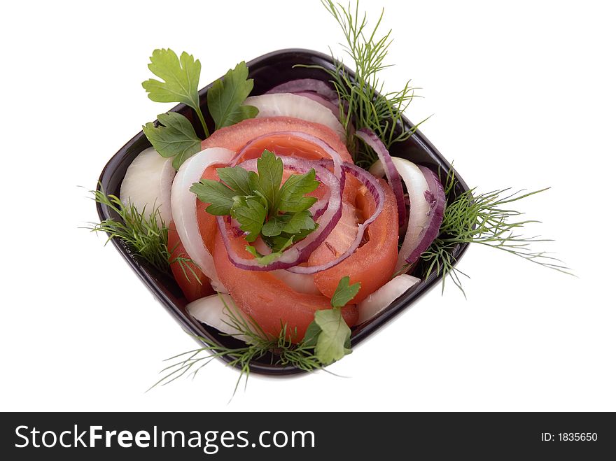 Tomato salad with onion. Vegetarian food.