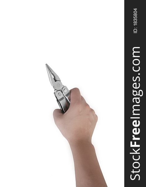 Hand with pliers isolated over white background