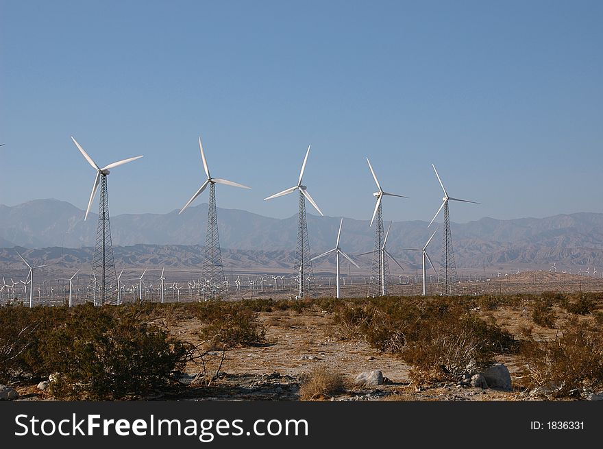 Wind-power turbines in California\'s Coachella Valley. Wind-power turbines in California\'s Coachella Valley