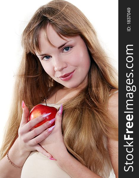 Young beautiful sexy smiling woman on the white background with red apple