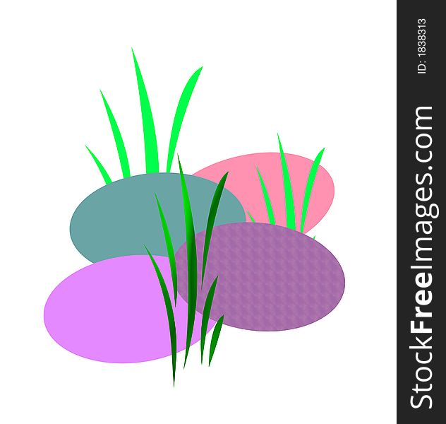 Abstract   colored easter eggs in the grass white background. Abstract   colored easter eggs in the grass white background