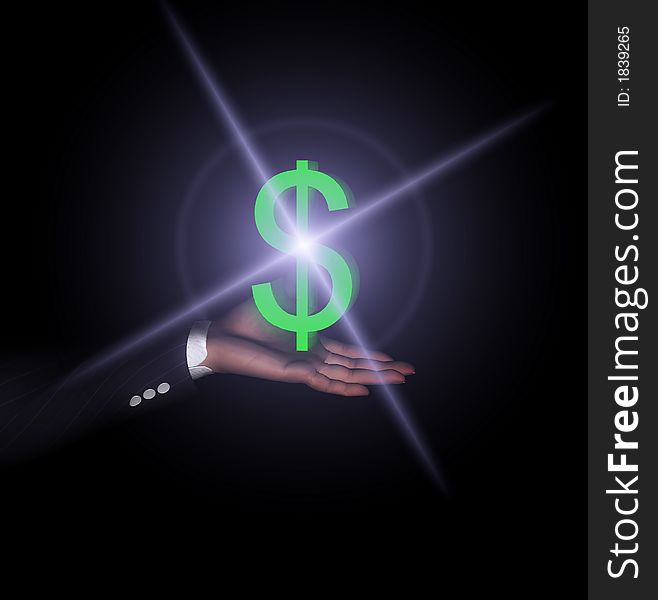 An American Dollar sign held in a businessman's hand which is glowing. An American Dollar sign held in a businessman's hand which is glowing.