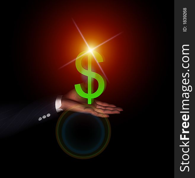 An American Dollar sign held in a businessman's hand which is glowing. An American Dollar sign held in a businessman's hand which is glowing.