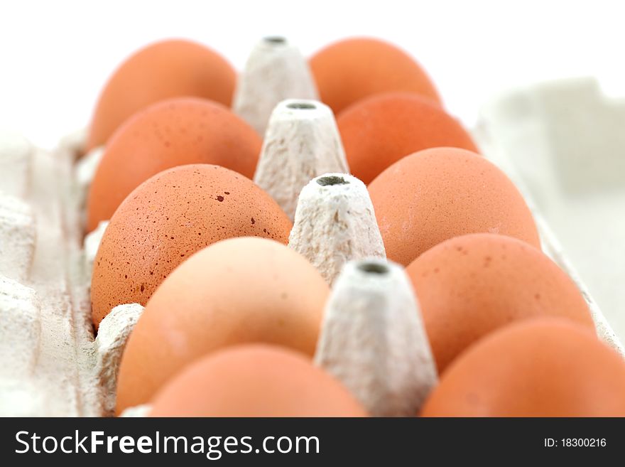 Chicken eggs in a box on white