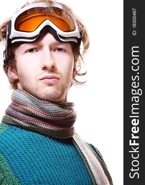 Snowboarder portrait isolated over white background