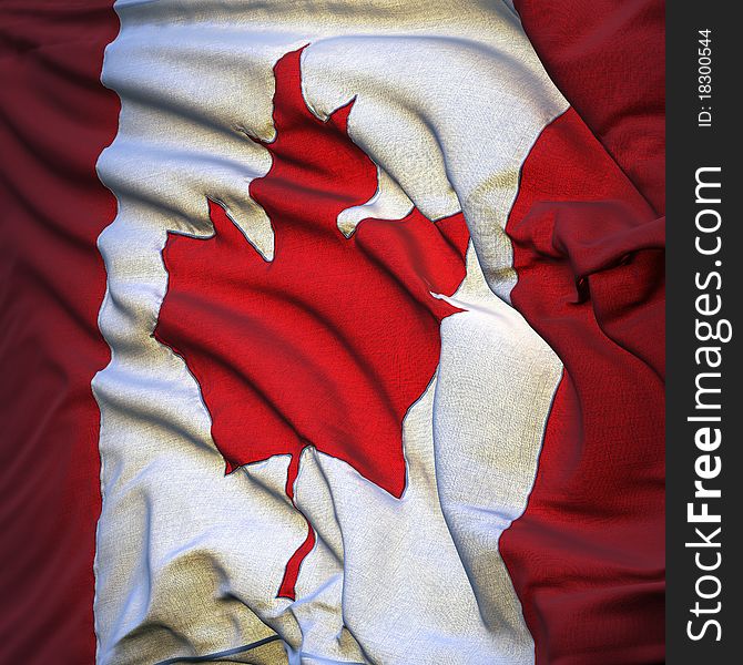 Flag of Canada, fluttering in the breeze, backlit rising sun, fluttered in the wind.Sewn from pieces of cloth, a very realistic detailed state flag with the texture of fabric fluttering in the breeze, backlit by the rising sun light