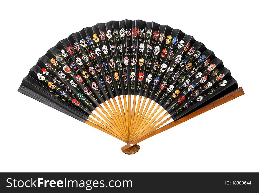 A Chinese paper fan decorated with colourful masks, isolated on a white background. Clipping path included.