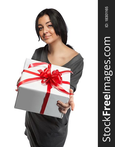 Young Smiling Woman Holding Gift Isolated