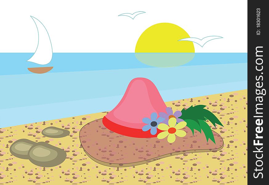 Sea beach with pink hat and stones