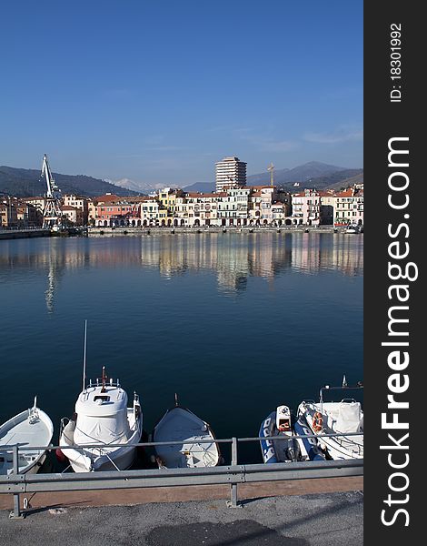 The port of Imperia,sea ,houses,boats ,Italy