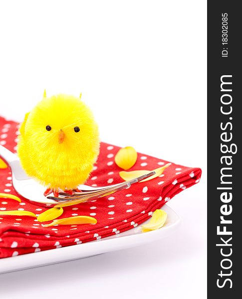 Easter place setting with biddy isolated on white background