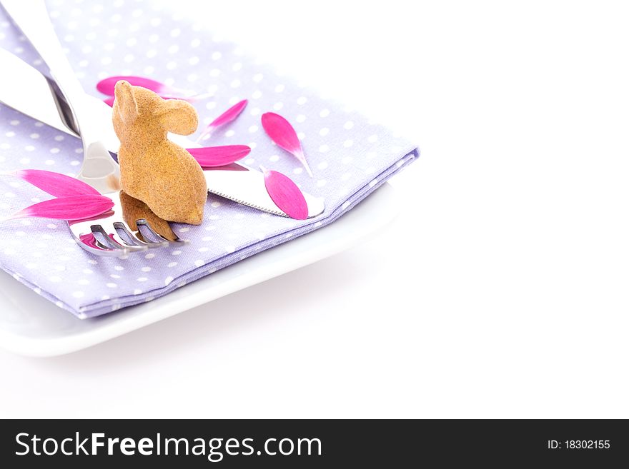 Easter place setting with bunny in high key. Easter place setting with bunny in high key