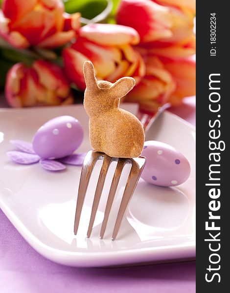 Easter table setting with easter bunny. Easter table setting with easter bunny