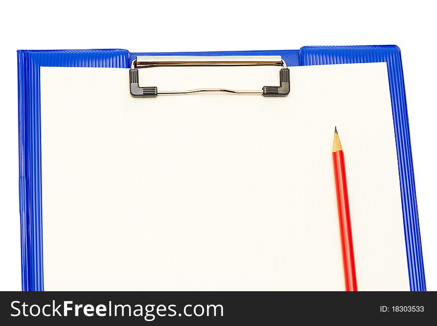 Dark blue folder with a red pencil and a yellow paper