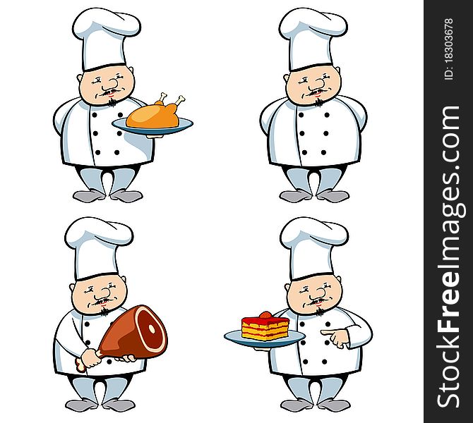 Comic-style cook with assorted foods (fried chicken, ham and piece of cake). Usefull as icons for restaurant or cafe menu, web-site etc. Comic-style cook with assorted foods (fried chicken, ham and piece of cake). Usefull as icons for restaurant or cafe menu, web-site etc.