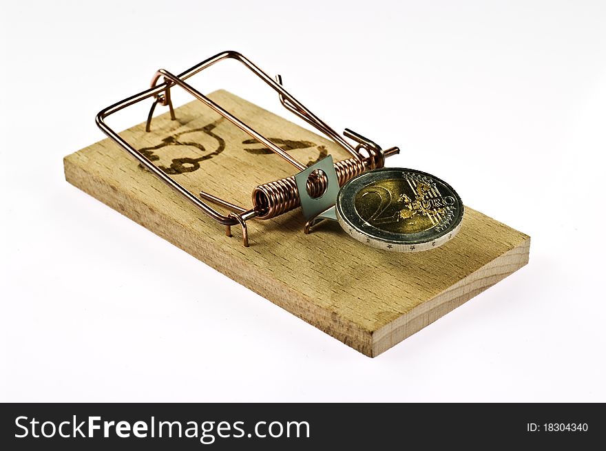 Mouse trap with Euro coin on white background