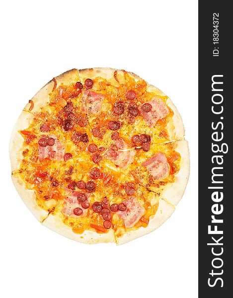 A whole pizza  with  sausage  and bacon. Isolated on white.