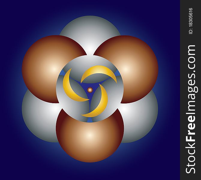 Geometric mandala with three whirling moons