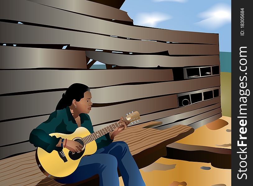 A girl with guitar sitting before a wooden hut. A girl with guitar sitting before a wooden hut