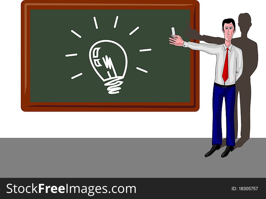 Man in a classroom and with light bulb on blackboard. Man in a classroom and with light bulb on blackboard