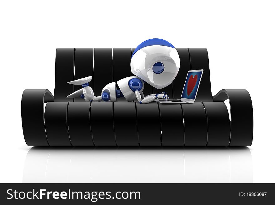 3d render of a robot sitting on a black couch. 3d render of a robot sitting on a black couch