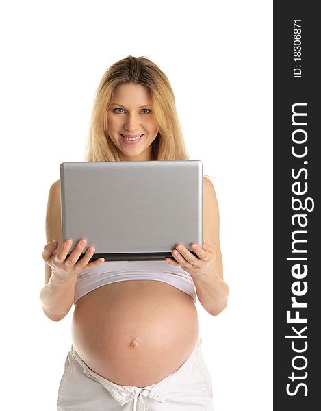 Happy Pregnant Woman With Laptop