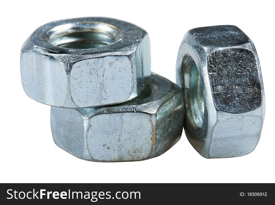 Three metal bolts isolated on a white background. Three metal bolts isolated on a white background