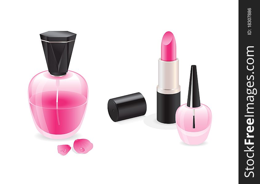 Set cosmetics: pink lipstick, nail polish, perfume