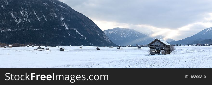 Rural austrian house in the cloudy valley. Rural austrian house in the cloudy valley